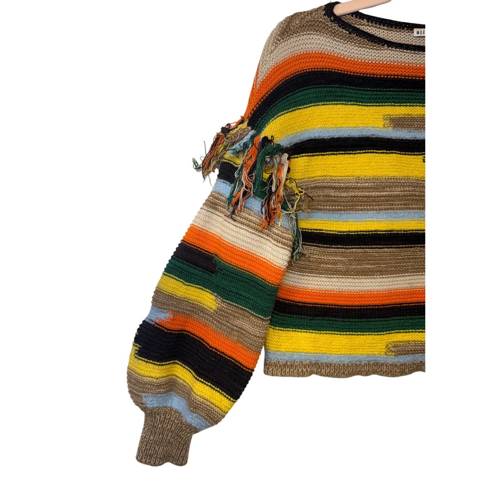 Alice + Olivia Claudette Fringe Striped Sweater Multicolor CC107S04708 Womens XS - Picture 4 of 10